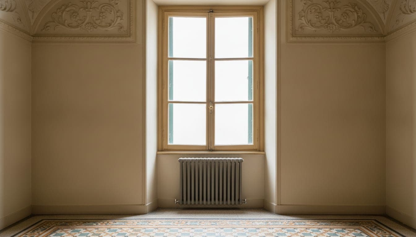 Radiador de baja temperatura bajo una ventana de un piso del Eixample de Barcelona