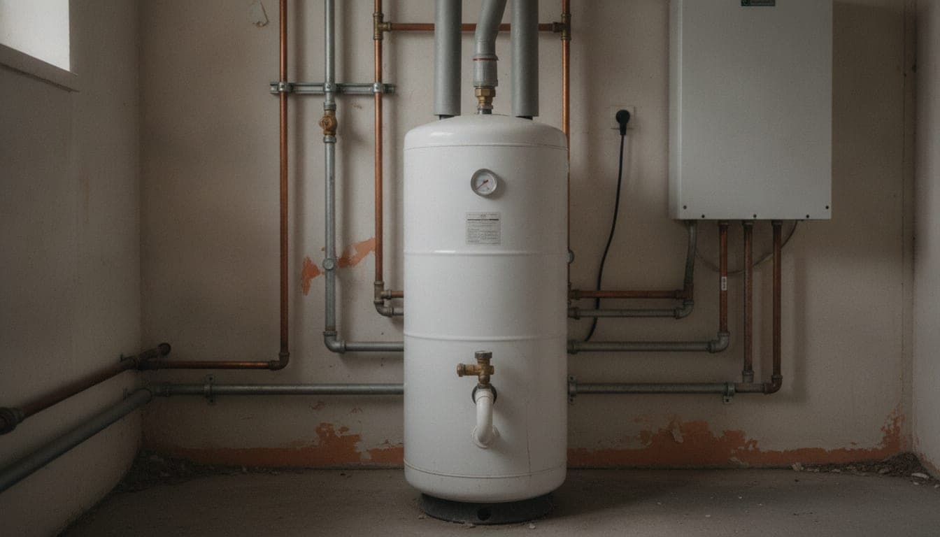 Interacumulador de agua caliente sanitaria instalado en un cuarto técnico, con sus tuberías aisladas, la válvula de seguridad y el termómetro frontal