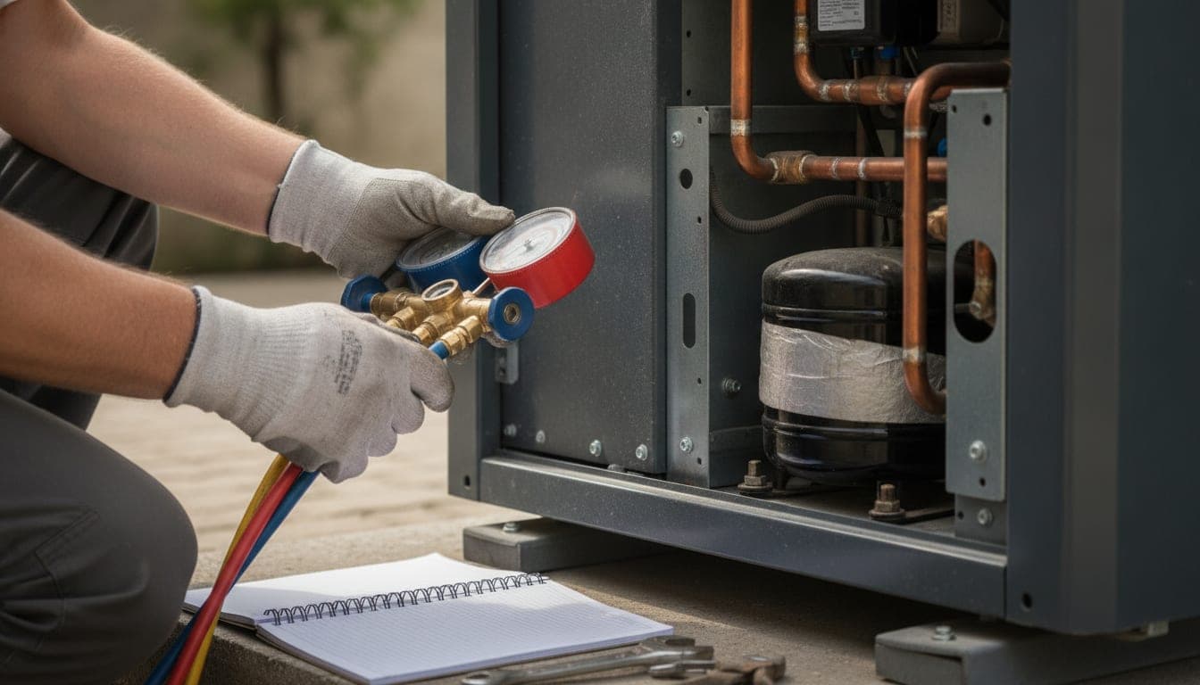 Técnico comprobando el circuito frigorífico de una unidad exterior de aerotermia con el panel de servicio retirado y el juego de manómetros conectado