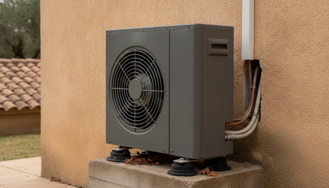 Unidad exterior de una bomba de calor de aerotermia instalada sobre una bancada de hormigón junto a la fachada de una vivienda, con la rejilla del ventilador y las tuberías aisladas a la vista