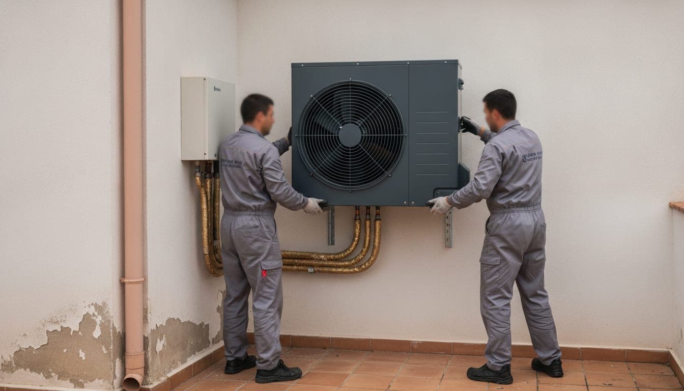 Dos instaladores fijando la unidad exterior de una aerotermia a la pared de una terraza, con la rejilla del ventilador y las tuberías frigoríficas aisladas a la vista