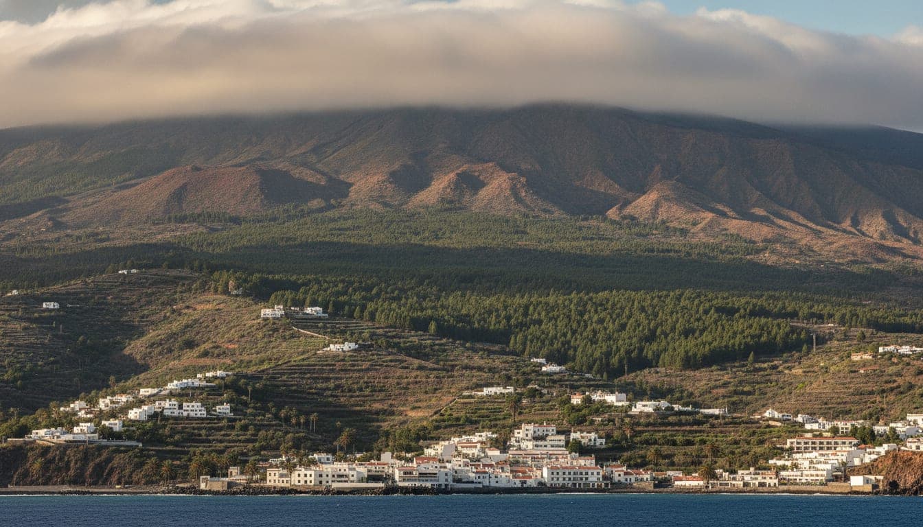 Ladera de Tenerife desde el mar: casas blancas en la costa, bancales y pinar en las medianías, y la cumbre volcánica cubierta por el mar de nubes