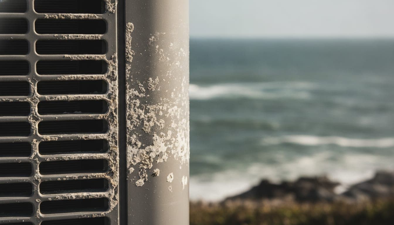 Detalle de la rejilla y la carcasa de una unidad exterior junto al mar, con depósitos de sal y picaduras incipientes en el metal