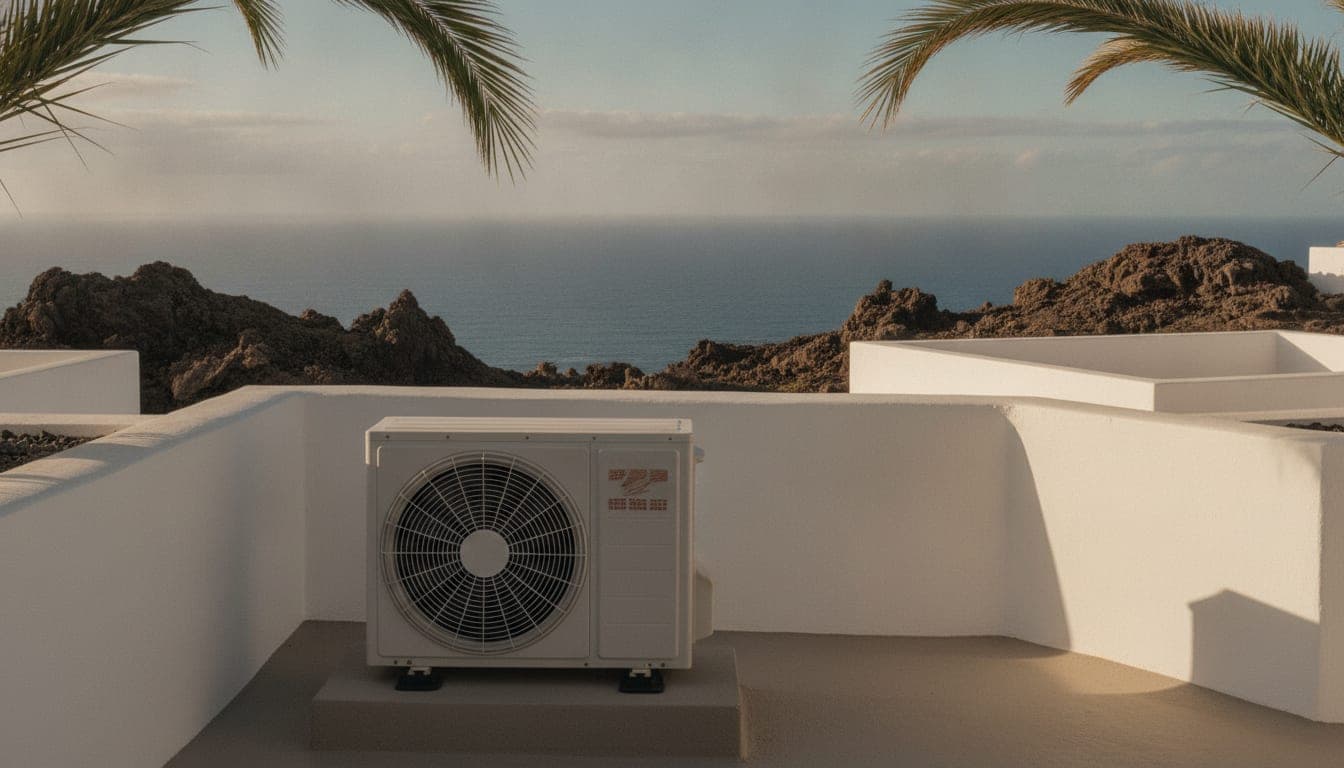 Unidad exterior de aerotermia sobre soportes antivibratorios en una azotea encalada de Santa Cruz de Tenerife, con roca volcánica y el Atlántico al fondo