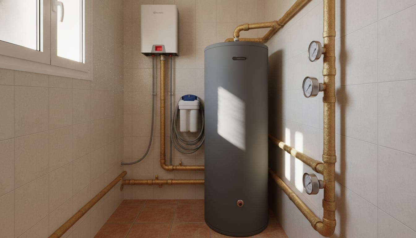 Depósito de agua caliente sanitaria conectado a un sistema de aerotermia en el cuarto de instalaciones de una vivienda valenciana