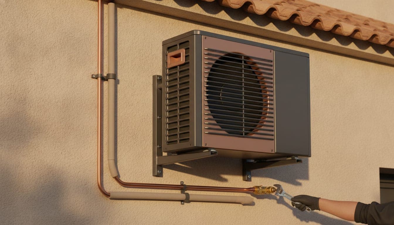 Instalador revisando la unidad exterior de aerotermia recién montada en una vivienda de Valencia