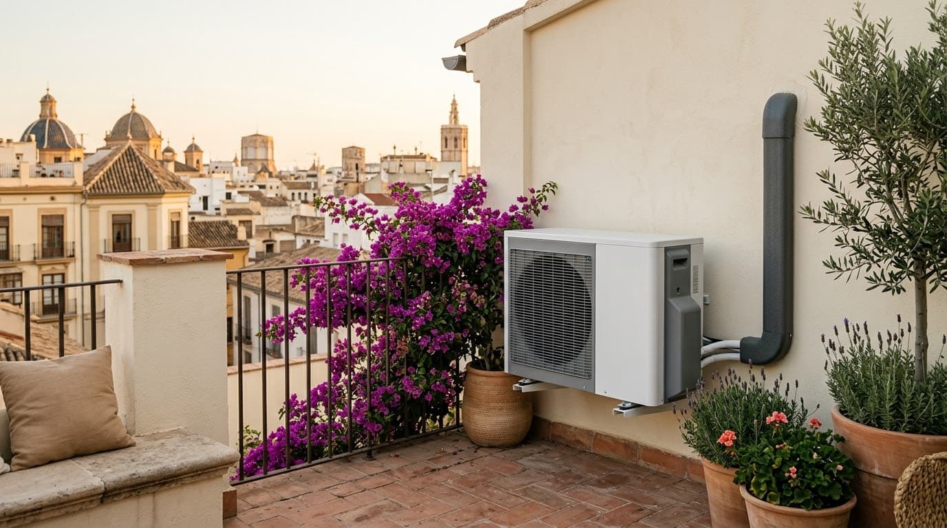 Unidad exterior de un equipo de aerotermia instalada en la terraza de una vivienda mediterránea en Valencia, con buganvilla y vistas al casco histórico al atardecer