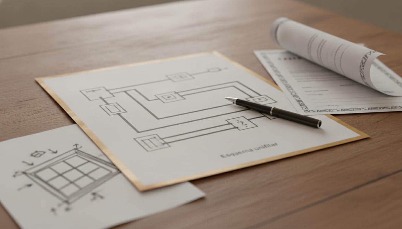 Documentación de una instalación solar doméstica sobre una mesa: esquema unifilar impreso, certificado de instalación y croquis del trazado