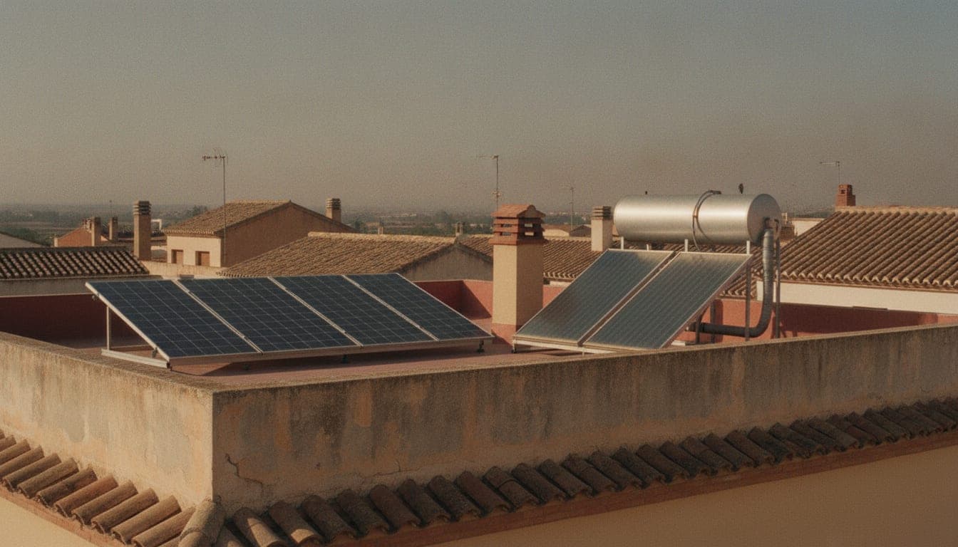 Cubierta de una vivienda española con dos tecnologías solares distintas una al lado de la otra: módulos fotovoltaicos a la izquierda y captadores solares térmicos con su acumulador cilíndrico a la derecha