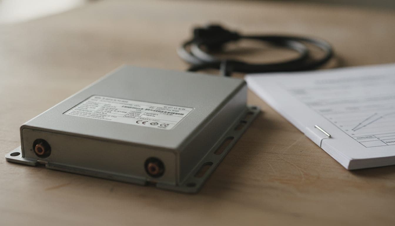 Microinversor de un kit solar enchufable sobre una mesa, con su etiqueta técnica y el marcado CE visibles, junto al cuadernillo de documentación y el cable de conexión