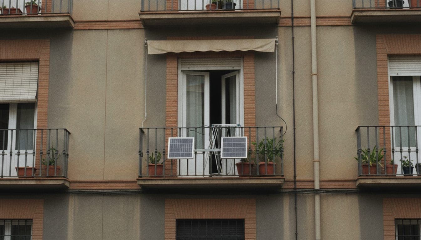 Dos paneles solares pequeños sujetos por fuera a la barandilla del balcón de un bloque de pisos español, con el cable entrando a la vivienda por la ventana entreabierta