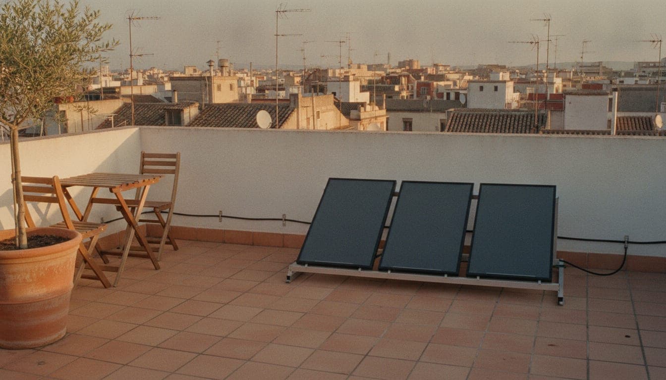 Tres paneles solares sobre una estructura inclinada en la terraza privada de un ático, con el cable grapado al zócalo del pretil y los tejados de la ciudad al fondo