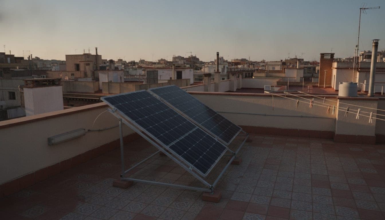 Paneles solares montados sobre estructura metálica inclinada en el terrado plano de un edificio de viviendas de Barcelona, con las azoteas del Eixample al fondo