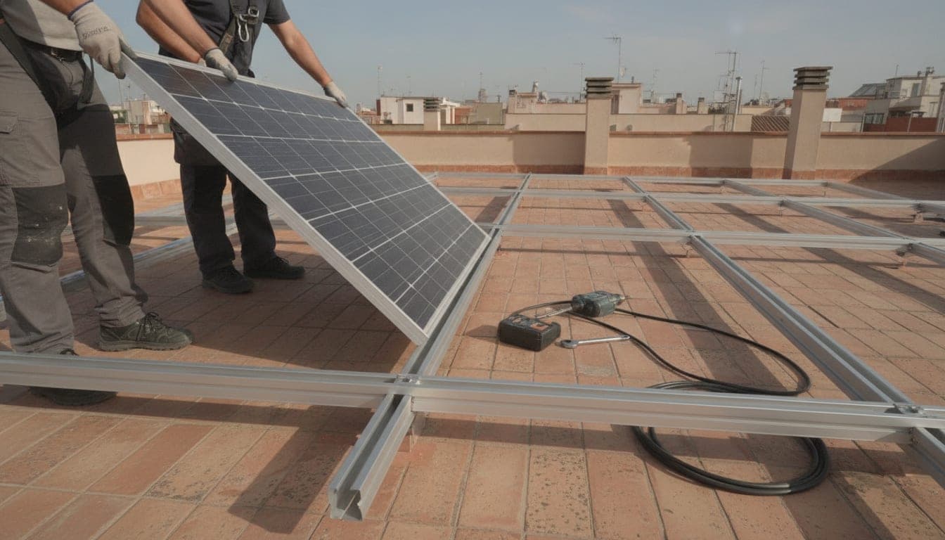 Instalador colocando un panel fotovoltaico sobre la estructura de soporte en la cubierta de un bloque de pisos de Barcelona
