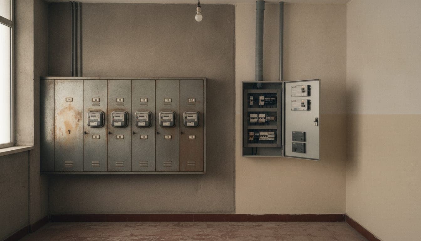 Cuarto de contadores de un edificio de viviendas: centralización de contadores numerados a la izquierda y, a la derecha, un cuadro de protección nuevo con la canalización bajando desde el techo