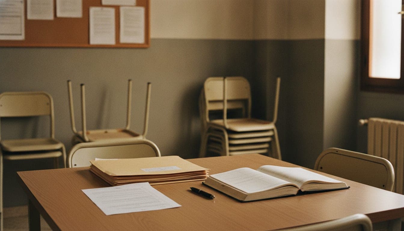 Sala de reuniones de una comunidad de propietarios tras la junta: el libro de actas abierto sobre la mesa junto al orden del día y varias carpetas, con las sillas retiradas