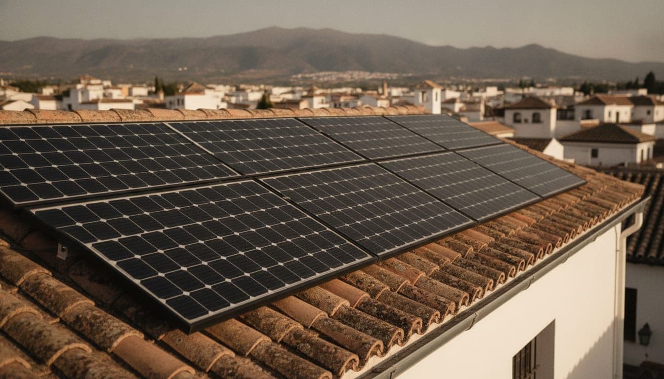 Paneles solares fotovoltaicos instalados sobre un tejado de tejas árabes en Granada, con la Sierra Nevada al fondo en la luz cálida del atardecer