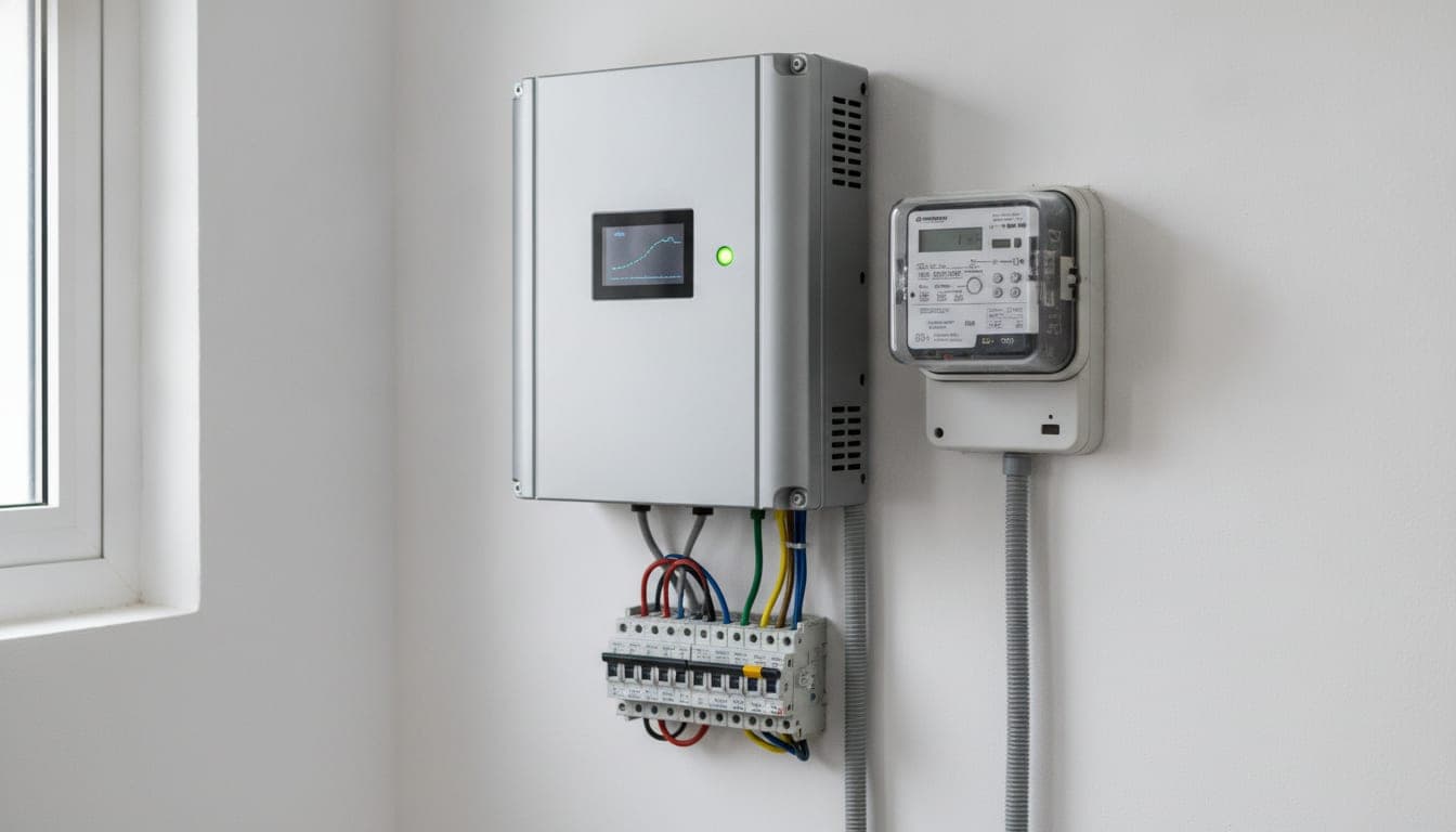 Inversor fotovoltaico doméstico junto al contador bidireccional y a la fila de magnetotérmicos, con el cableado y los tubos corrugados a la vista