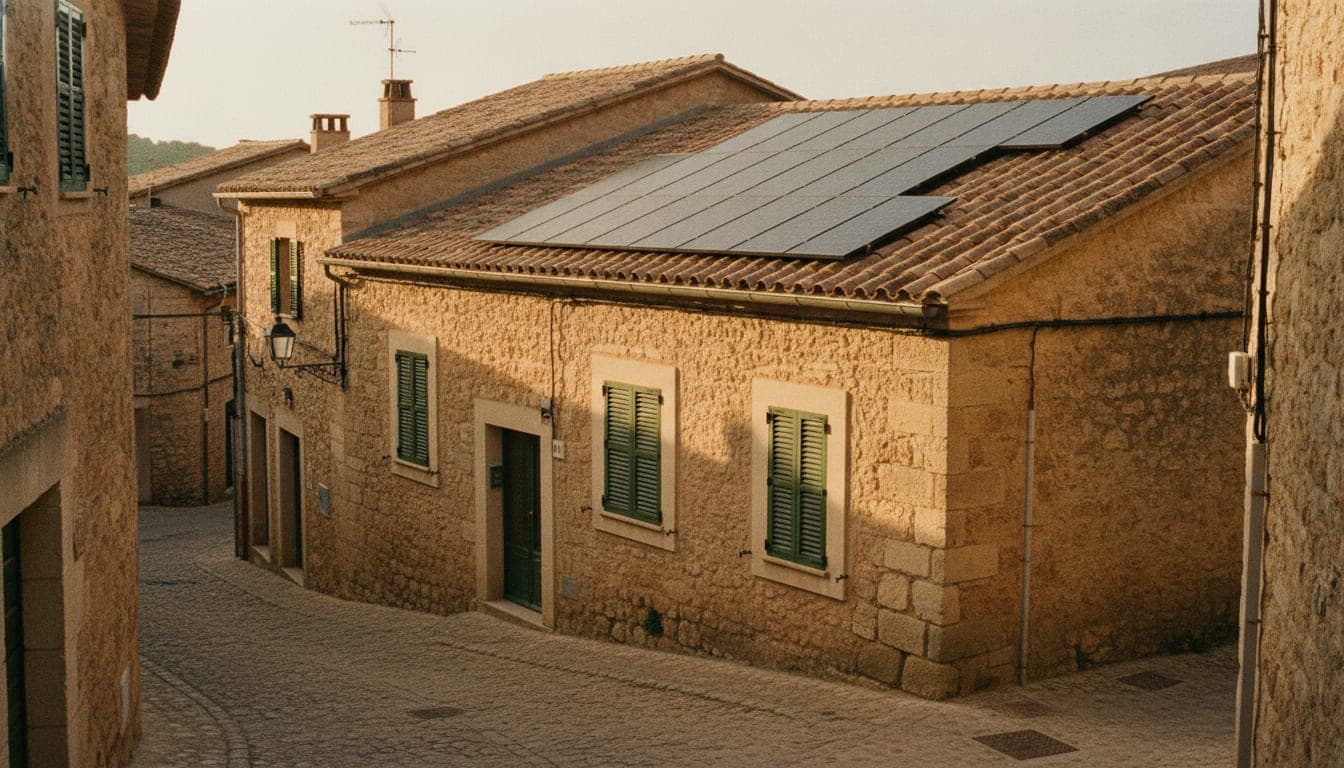 Instalación fotovoltaica discreta sobre una vivienda tradicional mallorquina de piedra de marés en un núcleo histórico, siguiendo la pendiente de la cubierta