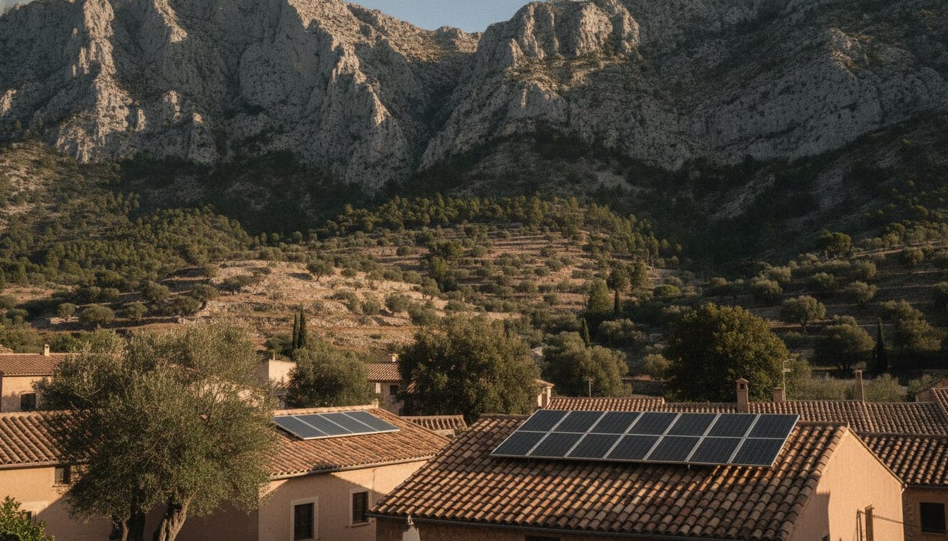 Tejados de un pueblo mallorquín al pie de la Serra de Tramuntana, con paneles en dos cubiertas y el relieve calizo proyectando sombra sobre la ladera