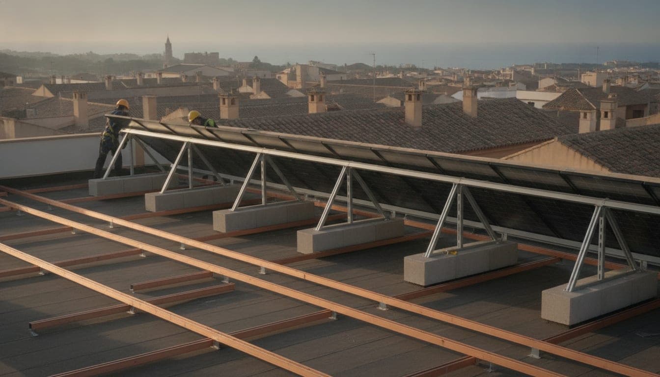 Montaje de la estructura y los paneles solares sobre una cubierta plana en Valencia