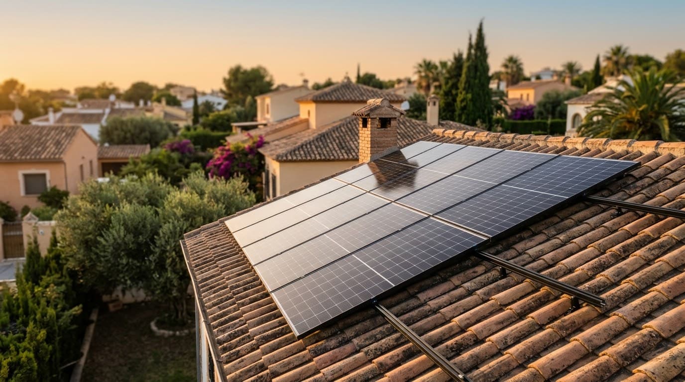 Instalación de paneles solares fotovoltaicos en el tejado de una vivienda mediterránea al atardecer, con tejas de terracota y vegetación típica de Valencia