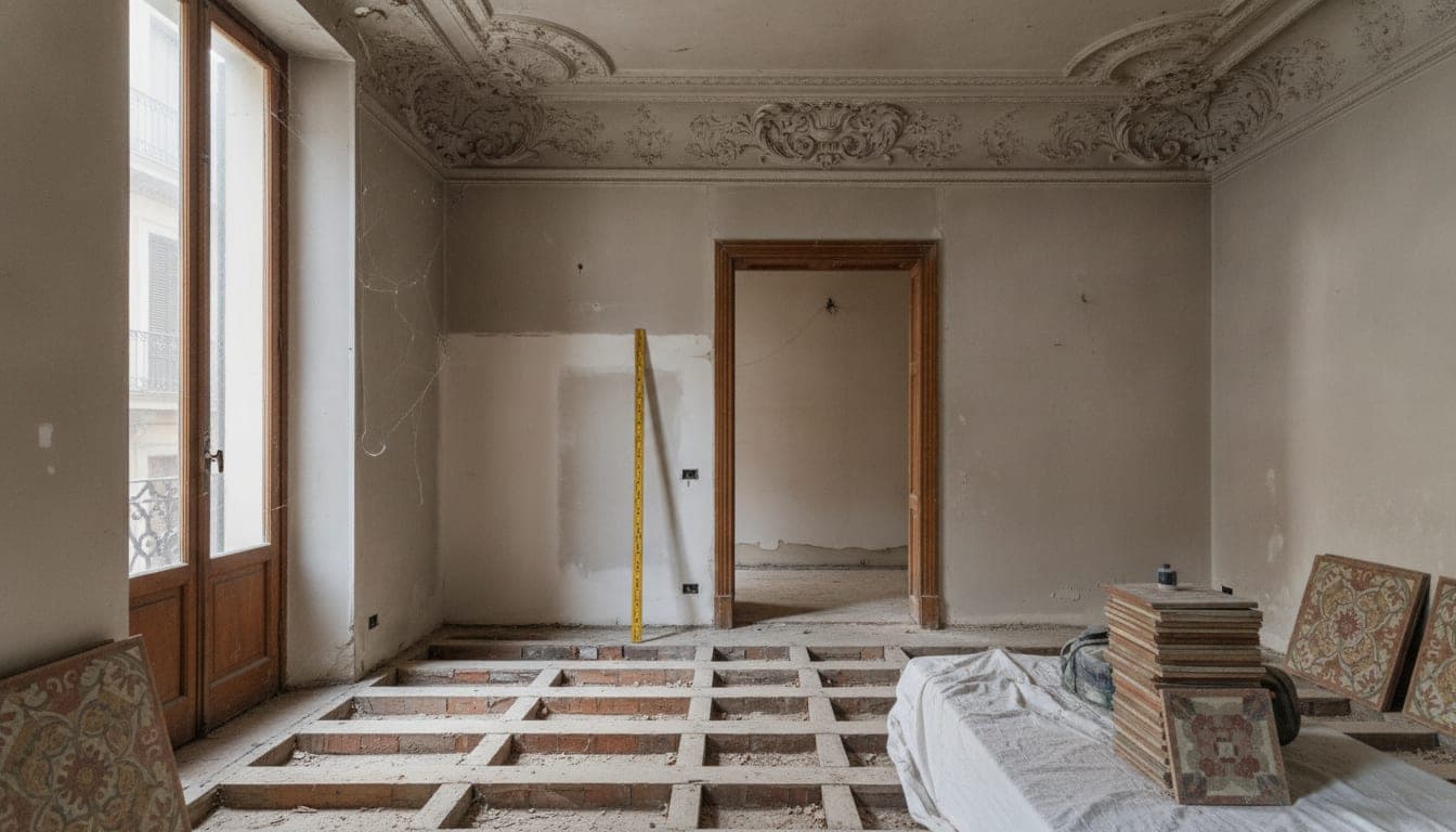 Piso del Eixample de Barcelona en obra, con el suelo levantado hasta la estructura, la moldura de escayola original en el techo y un metro plegable midiendo la altura libre