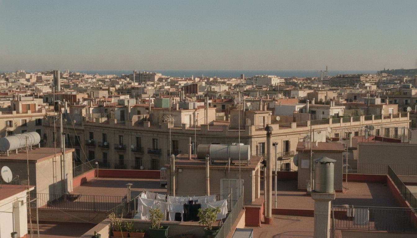 Azoteas del Eixample de Barcelona en una tarde de invierno suave, con el mar al fondo y plantas todavía verdes en las terrazas