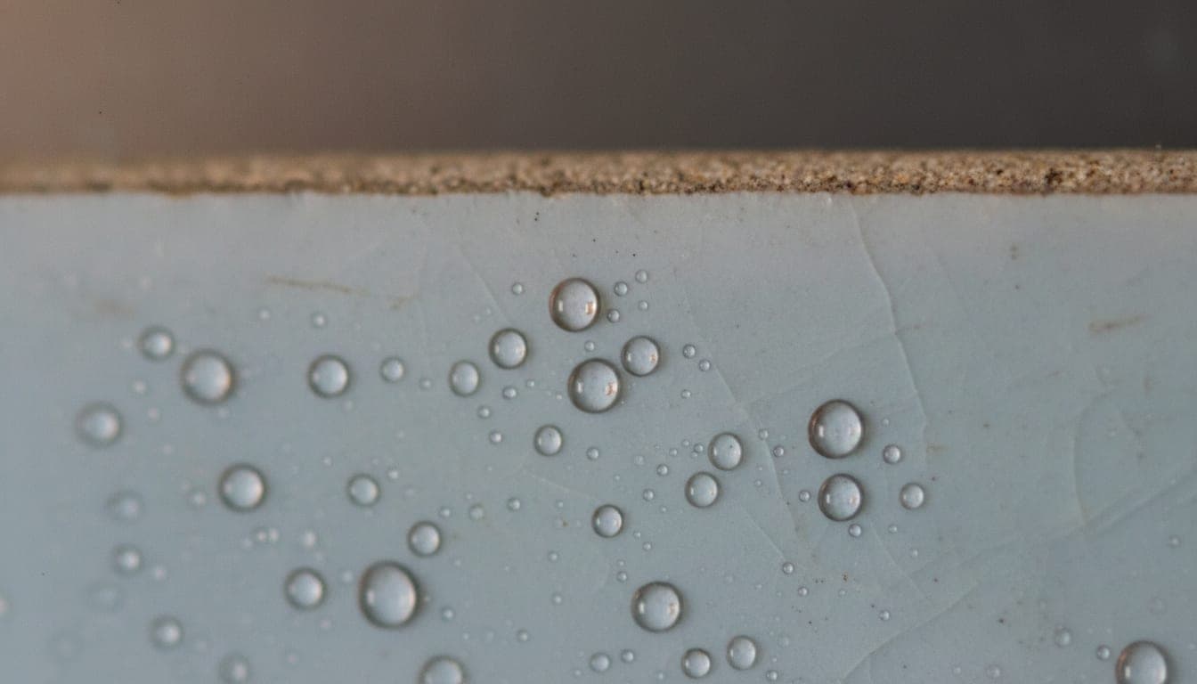 Primer plano de gotas de condensación sobre la superficie fría de una baldosa cerámica esmaltada, con la junta al fondo.