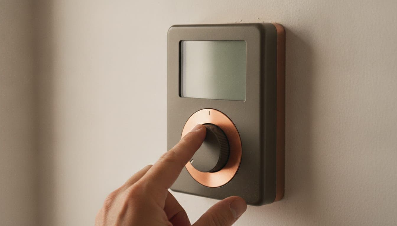 Termostato de pared en una vivienda, con la pantalla apagada y una mano a punto de accionar su rueda.