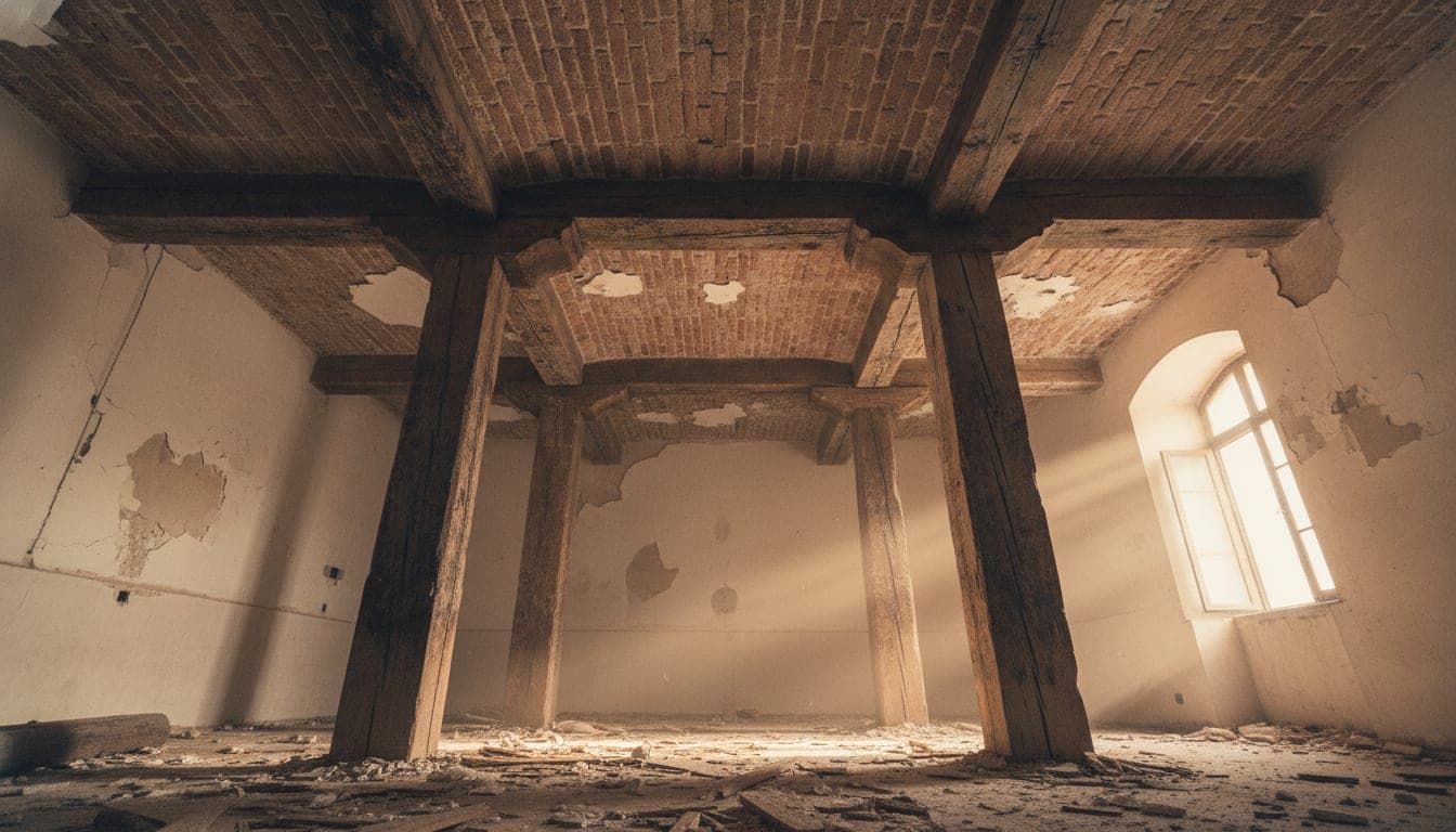 Interior de un edificio antiguo en obra, con las viguetas de madera del forjado y el revoltón de ladrillo a la vista.