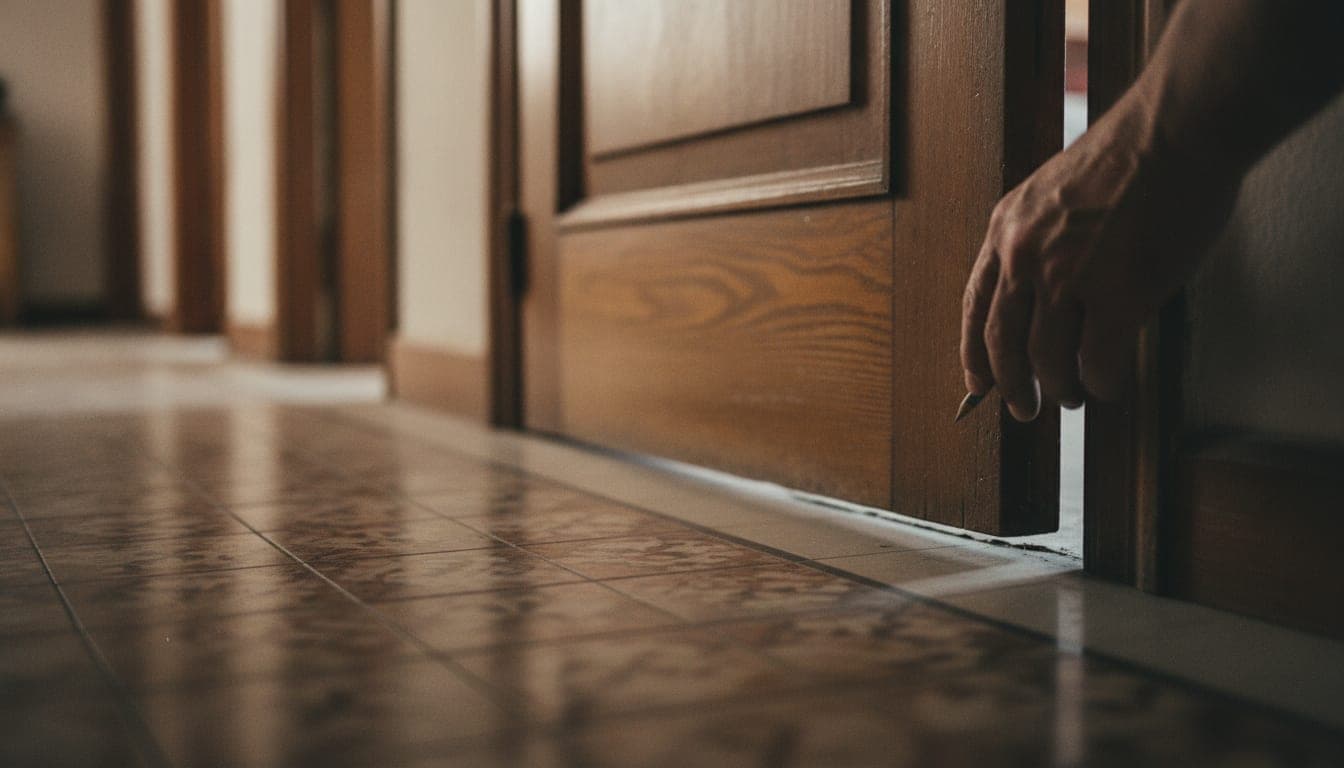 Vista a ras de suelo del hueco que queda entre la hoja de una puerta interior de madera y el pavimento de una vivienda.